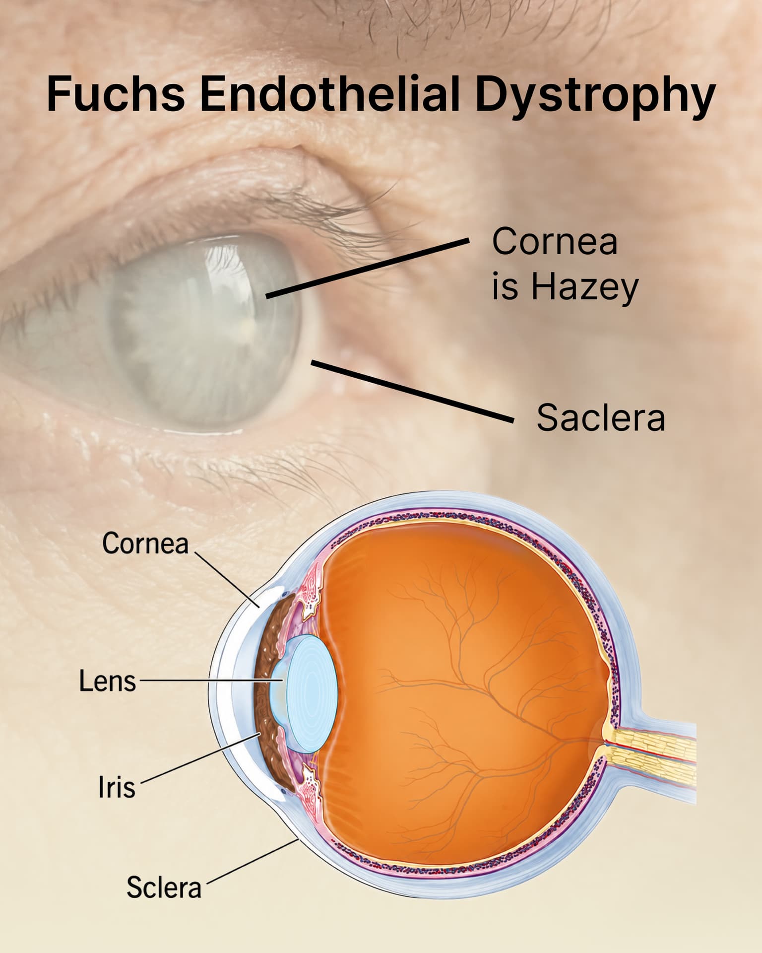 Diagram of Fuchs endothelial dystrophy showing a hazy cornea beside a labelled cross-section of the eye